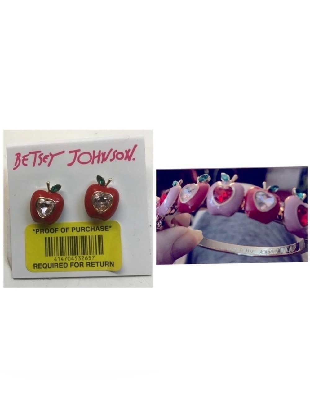BETSEY JOHNSON SET ‘Back to School’ Red Apple Bejeweled Earrings & Bracelet NWT